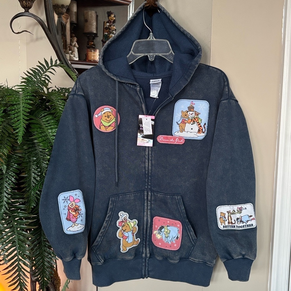 Brand New Disney Winnie the Pooh Patchwork Full Zip Navy Blue Hoodie Sweatshirt